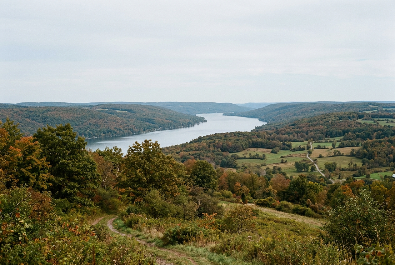 A quiet lake between the wooded hills of the Finger Lakes region
